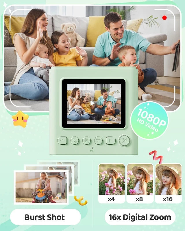 Alt view image 4 of 7 - Kids Instant Print Camera, 1080P HD Video Digital Toy, Green