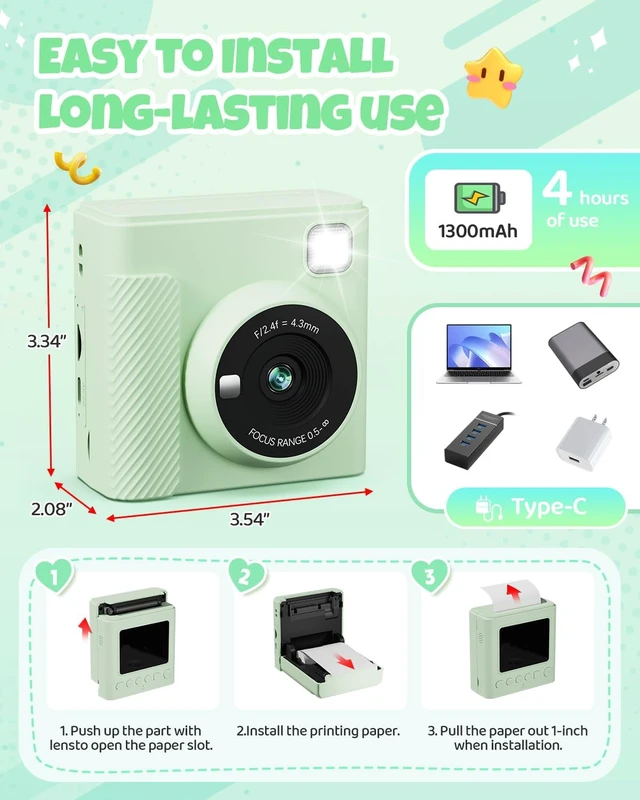 Alt view image 7 of 7 - Kids Instant Print Camera, 1080P HD Video Digital Toy, Green