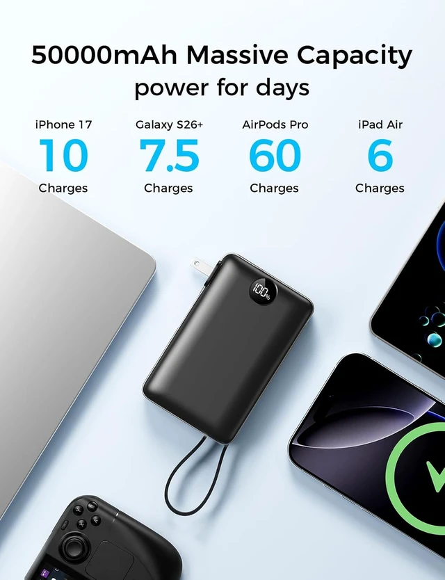 Alt view image 2 of 7 - Portable Charger Power Bank 50000mAh Massive Capacity with Wall Plug Black