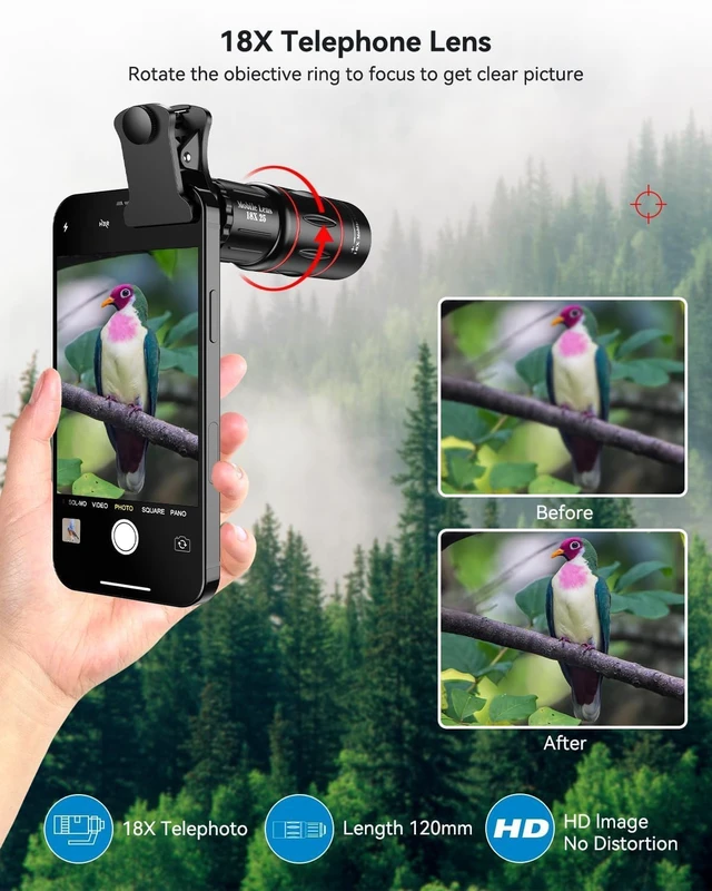 Alt view image 2 of 7 - 4 in 1 Phone Photography Kit, 18X Telephoto Lens, 198° Fisheye Lens, 15X Macro Lens, 0.63X Wide Angle Lens, Set with Flexible Phone Tripod, for iPhone Pixel