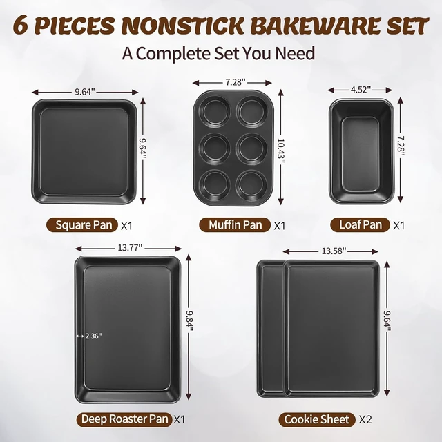Alt view image 2 of 7 - Baking Pans Set, Nonstick Bakeware Sets, Oven Pans for Cooking, 6 Pieces Baking Sheets Set Including Cookie Sheet, Deep Roaster Pan, Square Pan, Loaf Pan, Muffin Pan, Carbon Steel Baking Set