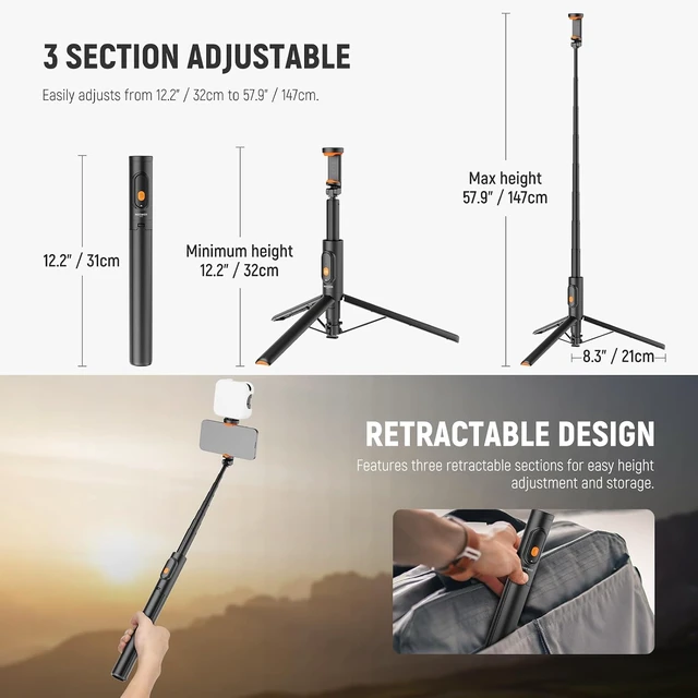 Alt view image 2 of 7 - 57.9" Selfie Stick Tripod Compatible with iPhone Android, Metal Portable Lightweight Travel Cell Phone Stand with Phone Holder Mount & Remote for Video Recording Filming, PA992 Black