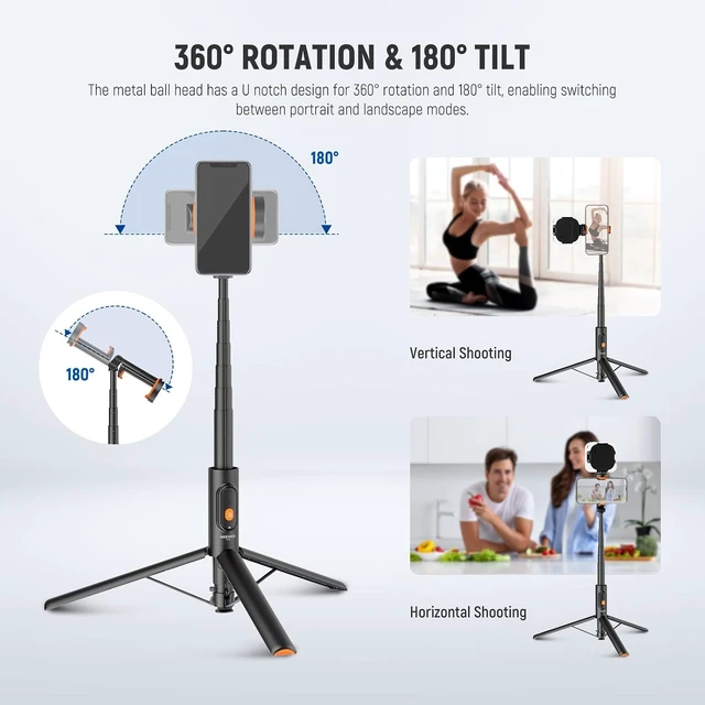 Alt view image 3 of 7 - 57.9" Selfie Stick Tripod Compatible with iPhone Android, Metal Portable Lightweight Travel Cell Phone Stand with Phone Holder Mount & Remote for Video Recording Filming, PA992 Black