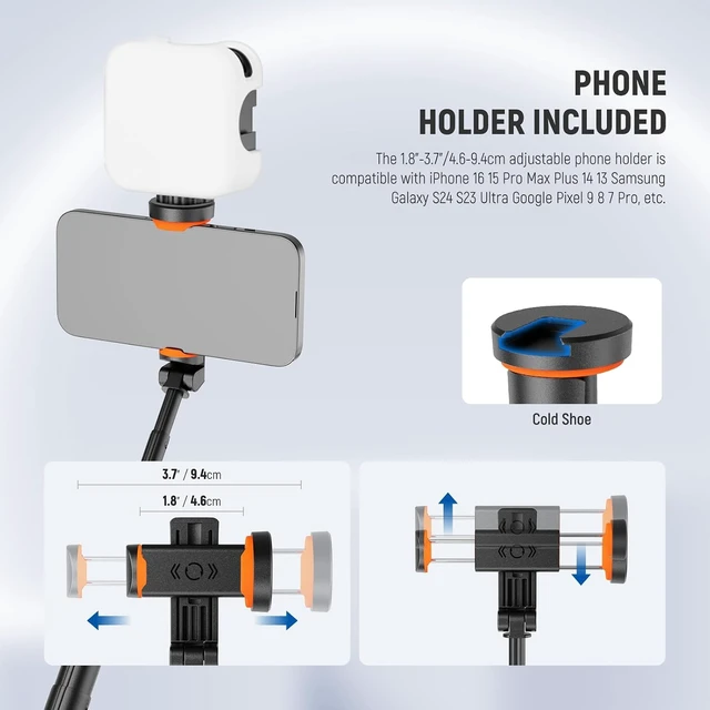 Alt view image 6 of 7 - 57.9" Selfie Stick Tripod Compatible with iPhone Android, Metal Portable Lightweight Travel Cell Phone Stand with Phone Holder Mount & Remote for Video Recording Filming, PA992 Black