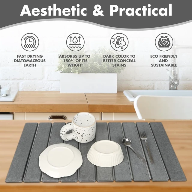 Alt view image 2 of 7 - Large Stone Dish Drying Mat for Kitchen Counter, Eco-friendly, Instant Drying Pad,Diatomaceous Earth Water Absorbing Mat, Foldable and Super Absorbent Dish Drying Stone Mat, 24"×16", Dark Gray