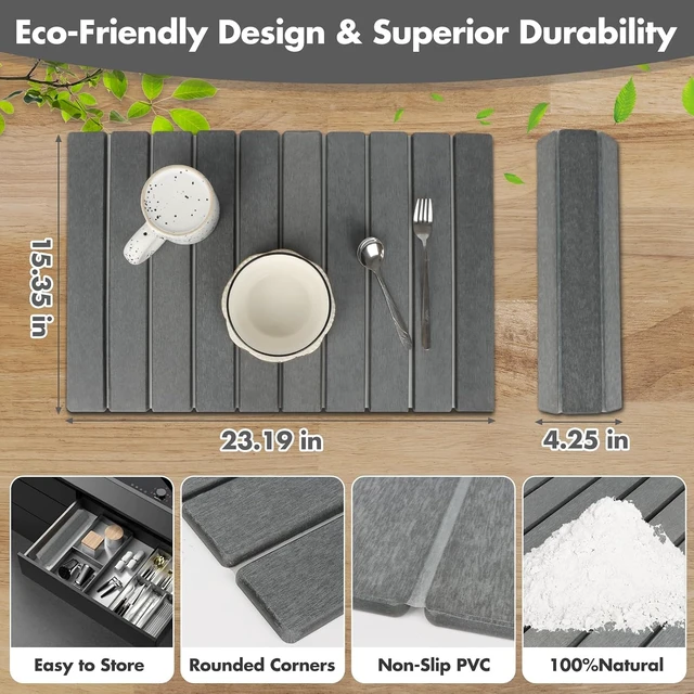 Alt view image 3 of 7 - Large Stone Dish Drying Mat for Kitchen Counter, Eco-friendly, Instant Drying Pad,Diatomaceous Earth Water Absorbing Mat, Foldable and Super Absorbent Dish Drying Stone Mat, 24"×16", Dark Gray
