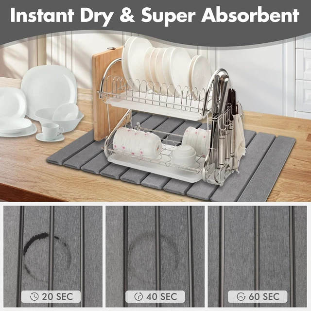 Alt view image 5 of 7 - Large Stone Dish Drying Mat for Kitchen Counter, Eco-friendly, Instant Drying Pad,Diatomaceous Earth Water Absorbing Mat, Foldable and Super Absorbent Dish Drying Stone Mat, 24"×16", Dark Gray