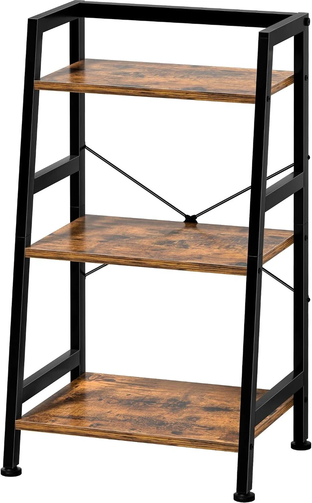 Main image of 3-Tier Bookshelf, Ladder Shelf, Industrial Bookcase with Steel Frame, Metal Small Bookcase, stand up shelves for Living Room, Home Office, Kitchen, Bedroom, Industrial StyleRustic Brown & Black