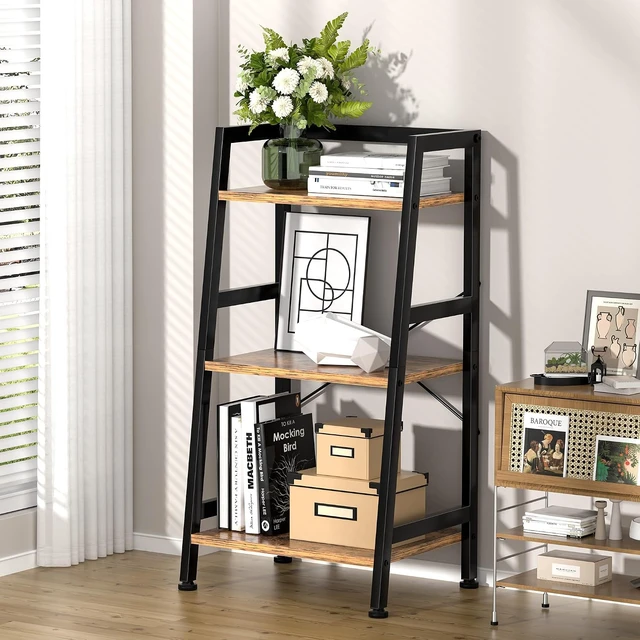 Alt view image 2 of 7 - 3-Tier Bookshelf, Ladder Shelf, Industrial Bookcase with Steel Frame, Metal Small Bookcase, stand up shelves for Living Room, Home Office, Kitchen, Bedroom, Industrial StyleRustic Brown & Black
