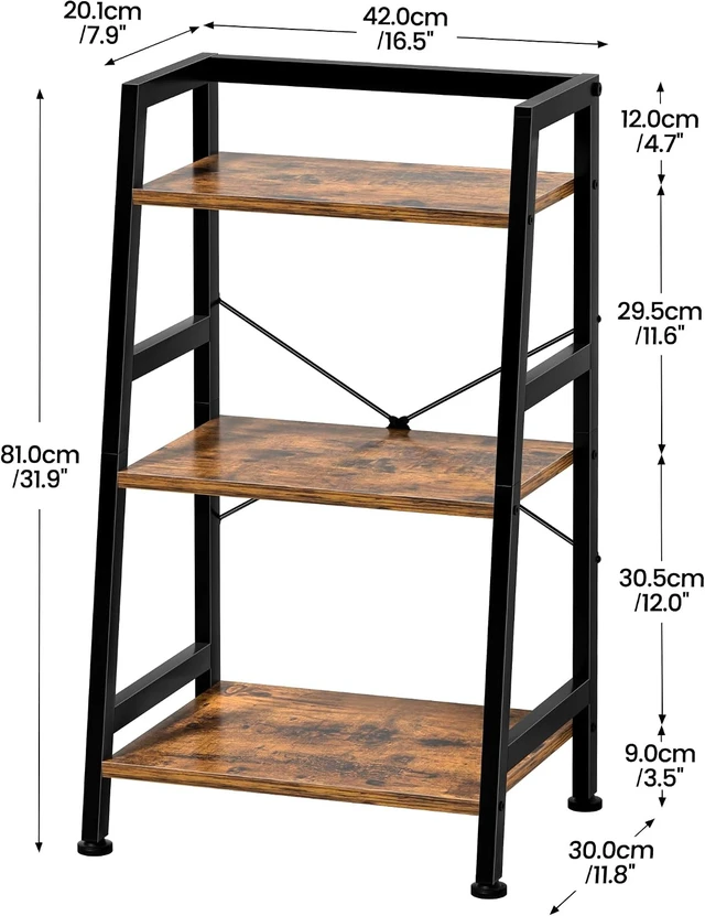 Alt view image 3 of 7 - 3-Tier Bookshelf, Ladder Shelf, Industrial Bookcase with Steel Frame, Metal Small Bookcase, stand up shelves for Living Room, Home Office, Kitchen, Bedroom, Industrial StyleRustic Brown & Black
