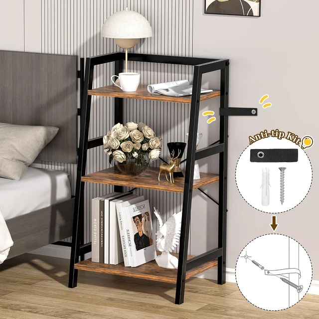 Alt view image 4 of 7 - 3-Tier Bookshelf, Ladder Shelf, Industrial Bookcase with Steel Frame, Metal Small Bookcase, stand up shelves for Living Room, Home Office, Kitchen, Bedroom, Industrial StyleRustic Brown & Black