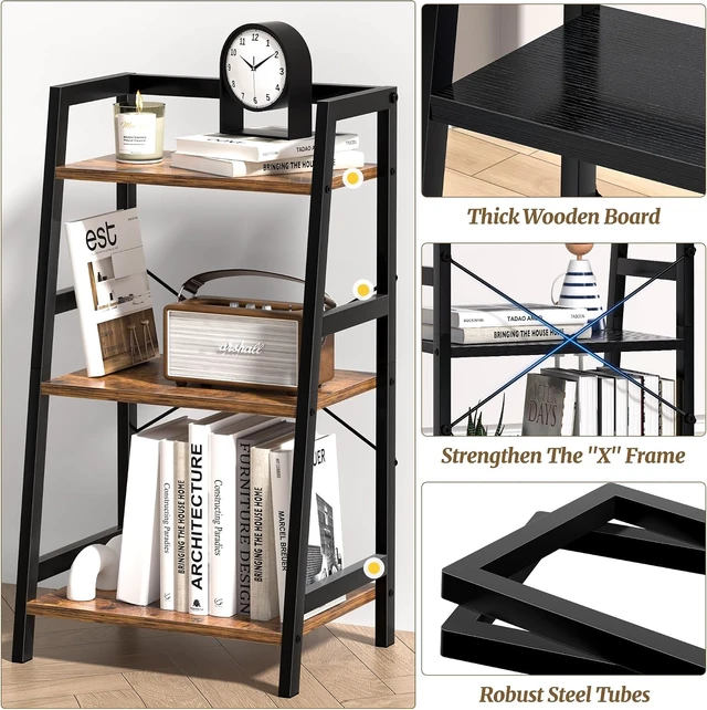 Alt view image 6 of 7 - 3-Tier Bookshelf, Ladder Shelf, Industrial Bookcase with Steel Frame, Metal Small Bookcase, stand up shelves for Living Room, Home Office, Kitchen, Bedroom, Industrial StyleRustic Brown & Black