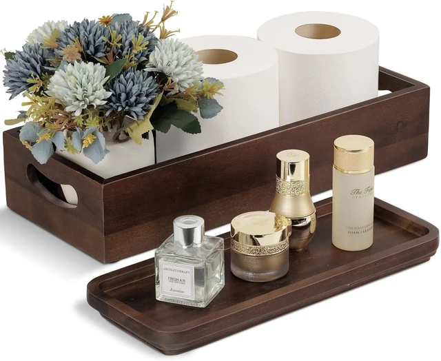 Main image of Toilet Tank Topper & Vanity Tray, Acacia Wood Decor Set, Dark Brown