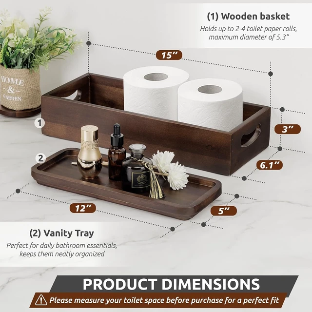 Alt view image 2 of 7 - Toilet Tank Topper & Vanity Tray, Acacia Wood Decor Set, Dark Brown