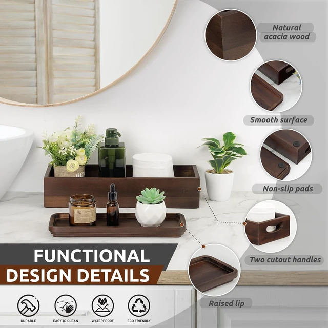 Alt view image 3 of 7 - Toilet Tank Topper & Vanity Tray, Acacia Wood Decor Set, Dark Brown