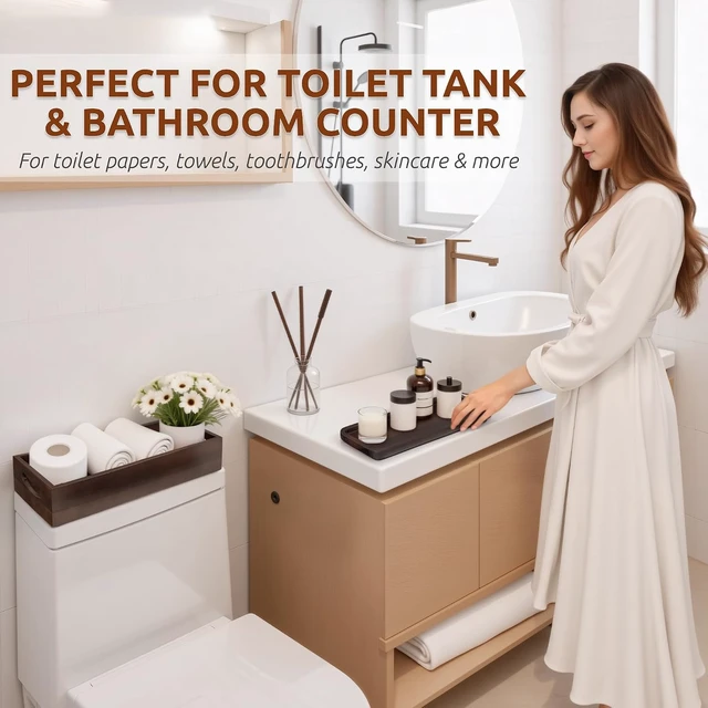 Alt view image 4 of 7 - Toilet Tank Topper & Vanity Tray, Acacia Wood Decor Set, Dark Brown