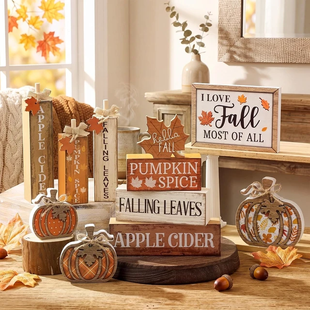 Alt view image 3 of 7 - 11 Pcs Fall Decor Wooden Maple Leaf Pumpkin Tiered Tray Decor