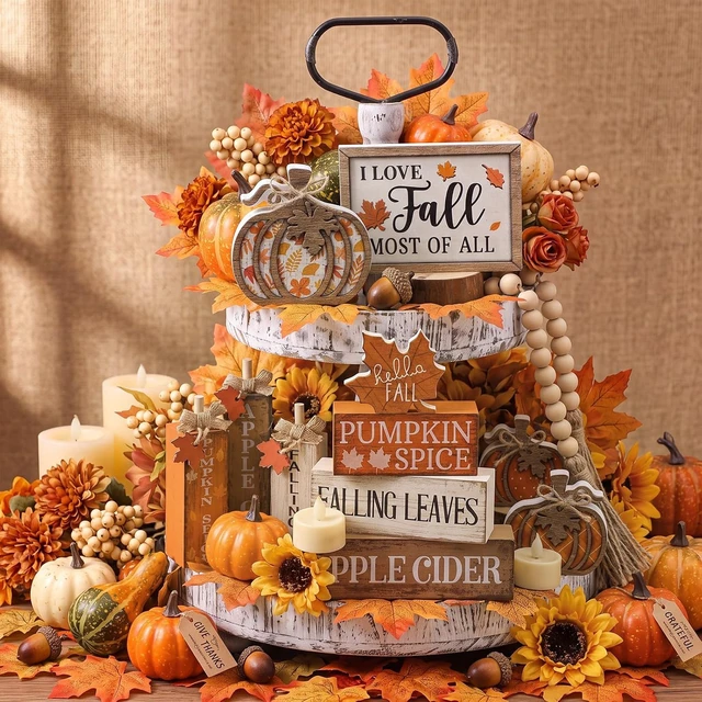 Alt view image 2 of 7 - 11 Pcs Fall Decor Wooden Maple Leaf Pumpkin Tiered Tray Decor