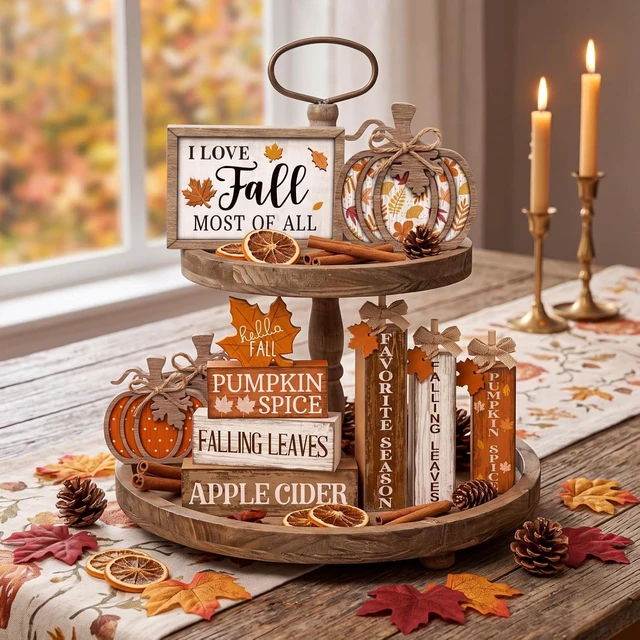 Alt view image 4 of 7 - 11 Pcs Fall Decor Wooden Maple Leaf Pumpkin Tiered Tray Decor