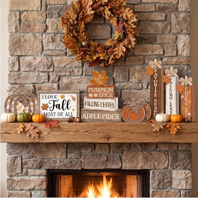 Alt view image 6 of 7 - 11 Pcs Fall Decor Wooden Maple Leaf Pumpkin Tiered Tray Decor