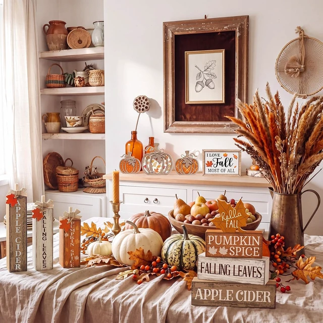 Alt view image 7 of 7 - 11 Pcs Fall Decor Wooden Maple Leaf Pumpkin Tiered Tray Decor