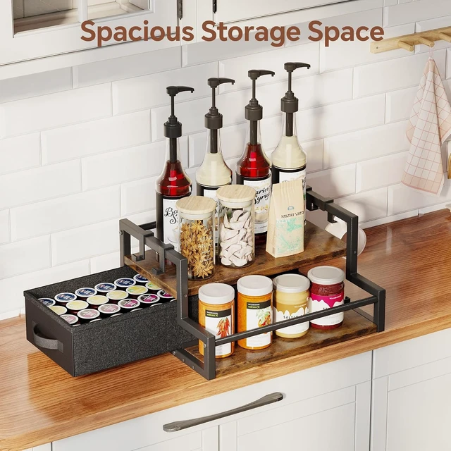 Alt view image 2 of 7 - Coffee Syrup Organizer Rack with Coffee Pod Drawers and Cup Hook, 2-Tier Coffee Bar Accessories, Wine Bottle Holder Stand, Wine Rack, Storage Shelves for Syrup. (Rustic Brown)