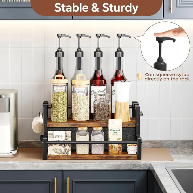 Alt view image 3 of 7 - Coffee Syrup Organizer Rack with Coffee Pod Drawers and Cup Hook, 2-Tier Coffee Bar Accessories, Wine Bottle Holder Stand, Wine Rack, Storage Shelves for Syrup. (Rustic Brown)