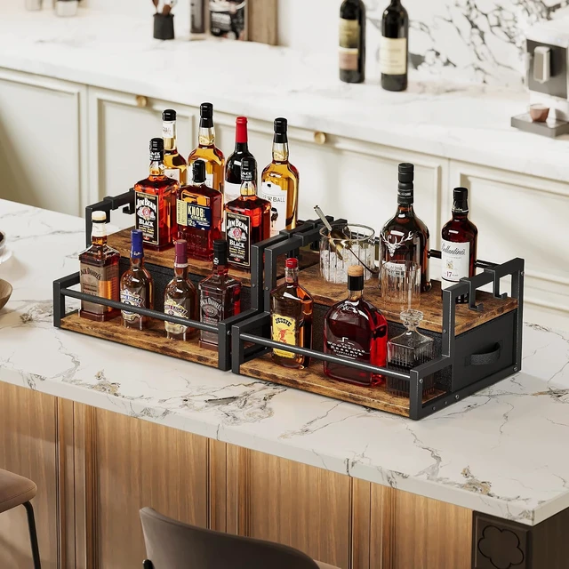 Alt view image 4 of 7 - Coffee Syrup Organizer Rack with Coffee Pod Drawers and Cup Hook, 2-Tier Coffee Bar Accessories, Wine Bottle Holder Stand, Wine Rack, Storage Shelves for Syrup. (Rustic Brown)