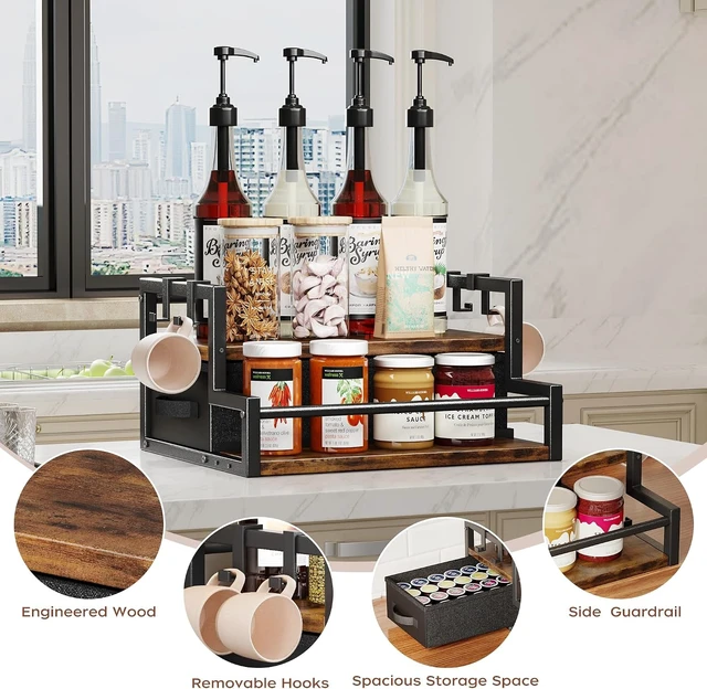 Alt view image 5 of 7 - Coffee Syrup Organizer Rack with Coffee Pod Drawers and Cup Hook, 2-Tier Coffee Bar Accessories, Wine Bottle Holder Stand, Wine Rack, Storage Shelves for Syrup. (Rustic Brown)