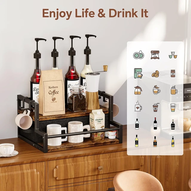 Alt view image 6 of 7 - Coffee Syrup Organizer Rack with Coffee Pod Drawers and Cup Hook, 2-Tier Coffee Bar Accessories, Wine Bottle Holder Stand, Wine Rack, Storage Shelves for Syrup. (Rustic Brown)