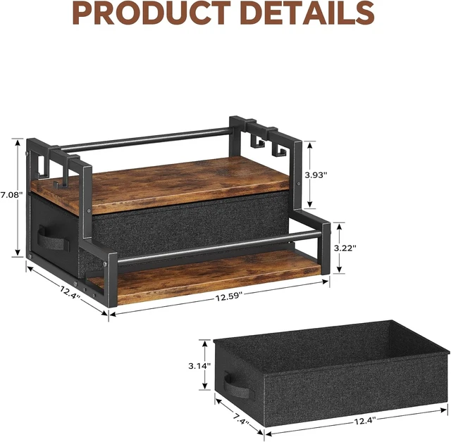 Alt view image 7 of 7 - Coffee Syrup Organizer Rack with Coffee Pod Drawers and Cup Hook, 2-Tier Coffee Bar Accessories, Wine Bottle Holder Stand, Wine Rack, Storage Shelves for Syrup. (Rustic Brown)