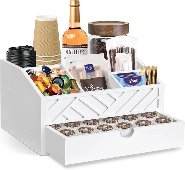 Main image of Coffee Bar Organizer with Drawer, Coffee Station Organizer for Countertop, Wood Coffee Bar Accessories Organizer for Coffee Bar Decor, Farmhouse Coffee Cup Pod Holder Condiment Organizer(White)
