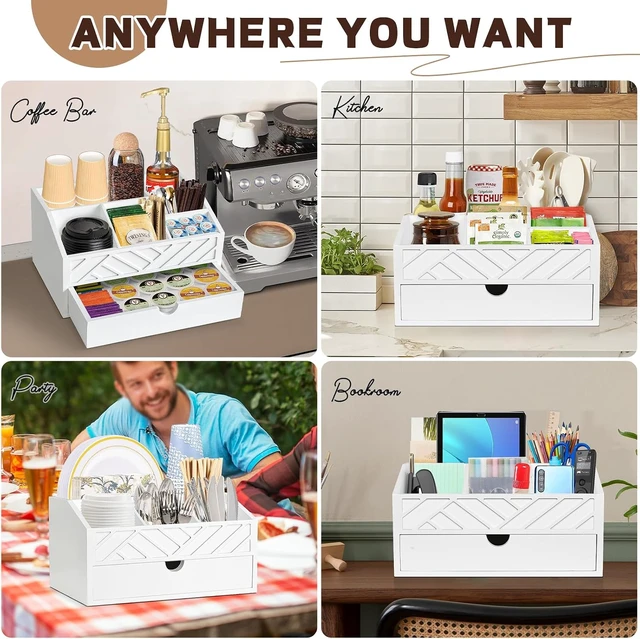 Alt view image 6 of 7 - Coffee Bar Organizer with Drawer, Coffee Station Organizer for Countertop, Wood Coffee Bar Accessories Organizer for Coffee Bar Decor, Farmhouse Coffee Cup Pod Holder Condiment Organizer(White)
