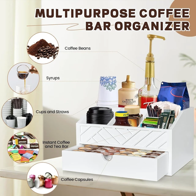 Alt view image 4 of 7 - Coffee Bar Organizer with Drawer, Coffee Station Organizer for Countertop, Wood Coffee Bar Accessories Organizer for Coffee Bar Decor, Farmhouse Coffee Cup Pod Holder Condiment Organizer(White)