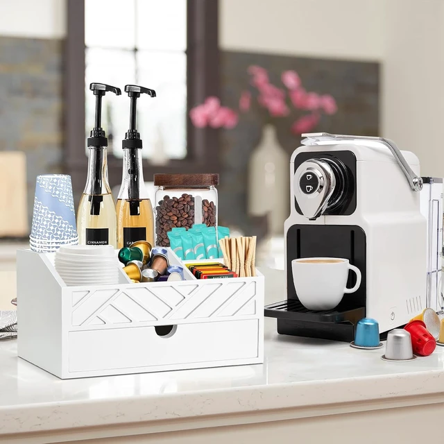 Alt view image 7 of 7 - Coffee Bar Organizer with Drawer, Coffee Station Organizer for Countertop, Wood Coffee Bar Accessories Organizer for Coffee Bar Decor, Farmhouse Coffee Cup Pod Holder Condiment Organizer(White)