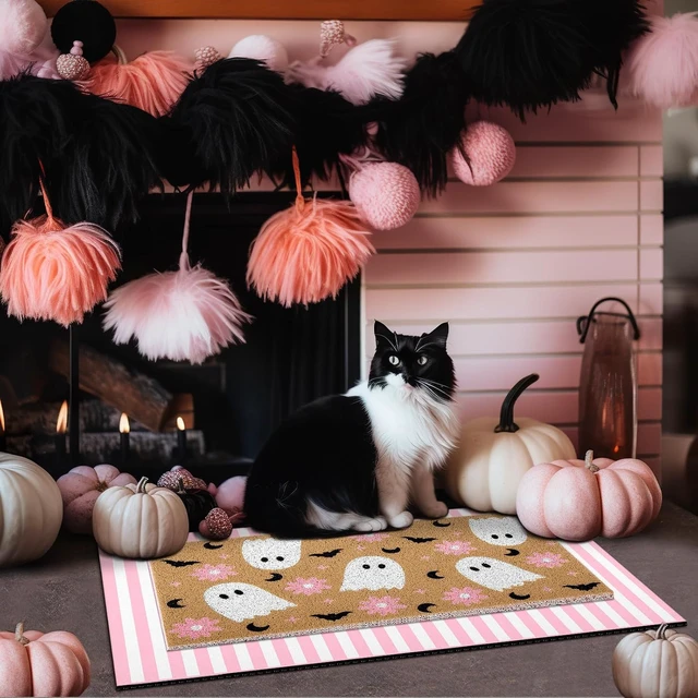 Alt view image 3 of 6 - 2 Pcs Halloween Pink Ghost Layered Doormat Set