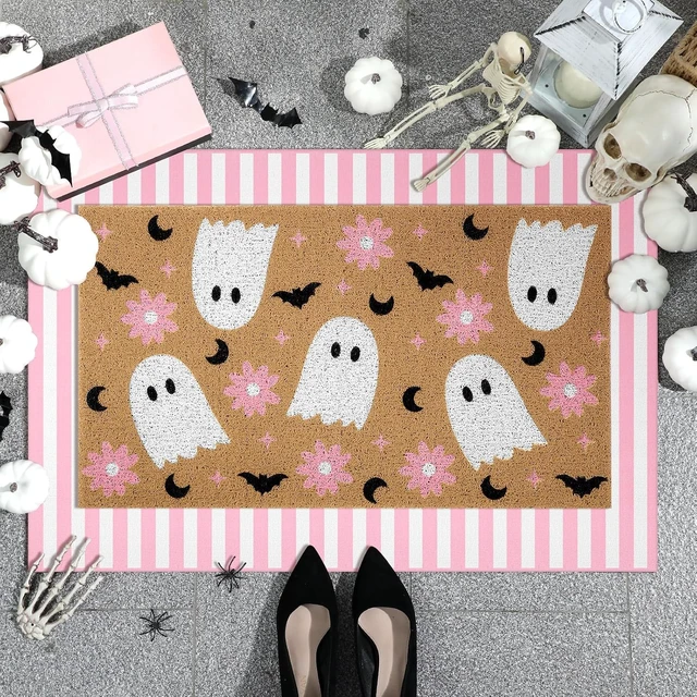 Alt view image 6 of 6 - 2 Pcs Halloween Pink Ghost Layered Doormat Set