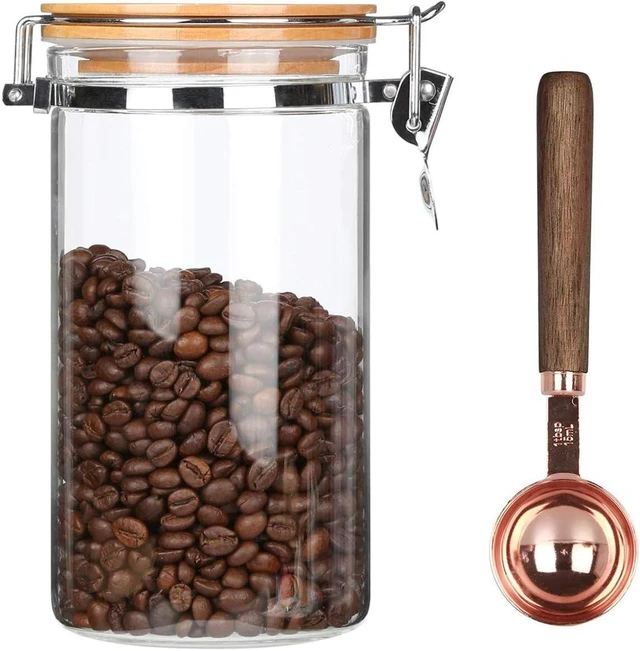 Main image of 40 oz Glass Coffee Container (Holds 1 lb Coffee Beans) with Airtight Bamboo Lid and 1 Tbsp Wood Spoon - Clear Coffee Jar Canister for Grounds Storage, Aesthetic Kitchen Counter Decor