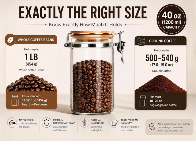 Alt view image 3 of 6 - 40 oz Glass Coffee Container (Holds 1 lb Coffee Beans) with Airtight Bamboo Lid and 1 Tbsp Wood Spoon - Clear Coffee Jar Canister for Grounds Storage, Aesthetic Kitchen Counter Decor