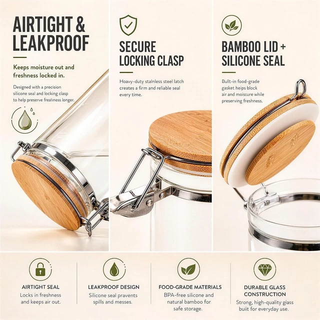 Alt view image 4 of 6 - 40 oz Glass Coffee Container (Holds 1 lb Coffee Beans) with Airtight Bamboo Lid and 1 Tbsp Wood Spoon - Clear Coffee Jar Canister for Grounds Storage, Aesthetic Kitchen Counter Decor