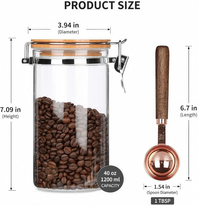 Alt view image 2 of 6 - 40 oz Glass Coffee Container (Holds 1 lb Coffee Beans) with Airtight Bamboo Lid and 1 Tbsp Wood Spoon - Clear Coffee Jar Canister for Grounds Storage, Aesthetic Kitchen Counter Decor