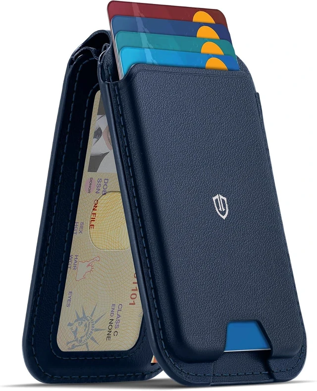 Main image of Genuine Leather for MagSafe Wallet, Adjustable Stand, Navy Blue