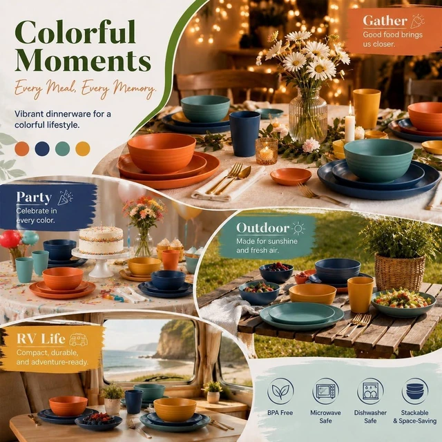 Alt view image 7 of 7 - Plates and Bowls Sets, Wheat Straw Dinnerware Sets,Dishes Set for 8