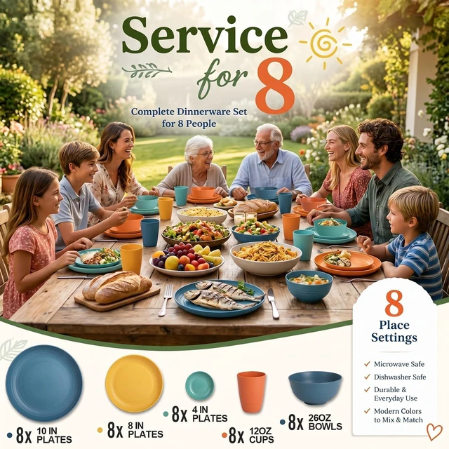 Alt view image 6 of 7 - Plates and Bowls Sets, Wheat Straw Dinnerware Sets,Dishes Set for 8