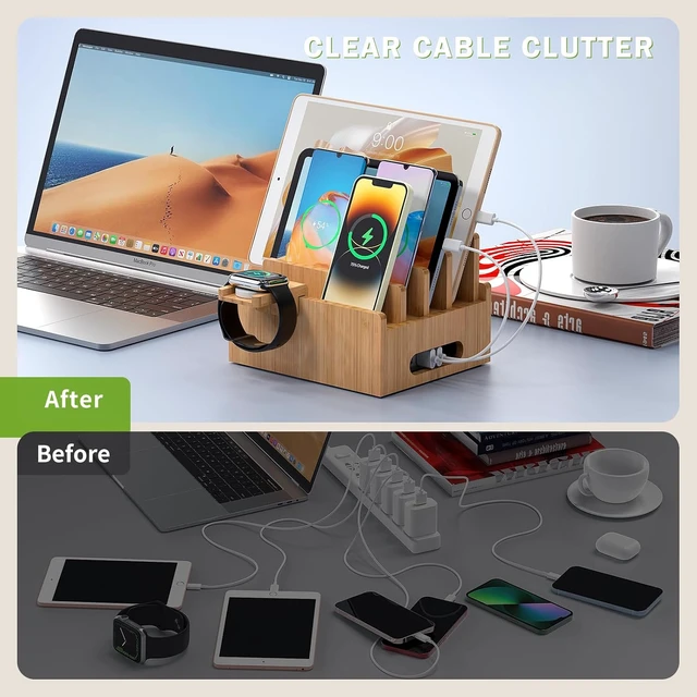 Alt view image 6 of 7 - Bamboo Charging Stand with Pack 5 Cables-Natural Bamboo