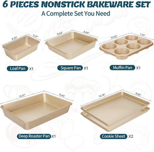 Alt view image 2 of 7 - Baking Pans Set, Nonstick Stackable Bakeware Sets, Oven Pans for Cooking, 6 Pieces Baking Sheets Set Including Cookie Sheet, Deep Roaster Pan, Square Pan, Loaf Pan, Muffin Pan, Carbon Steel