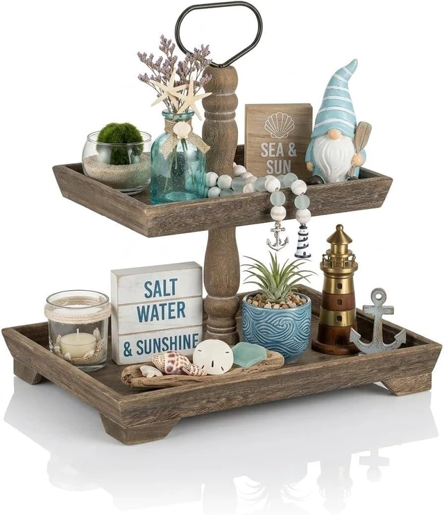 Main image of 2 Tiered Decorative Trays Stand Coastal Beach Coffee Table Decor