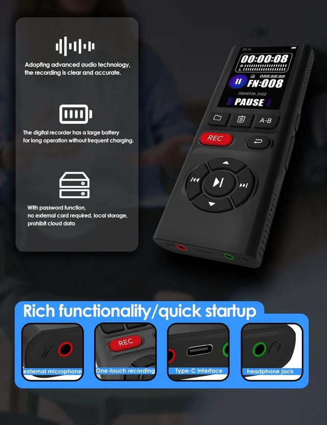 Alt view image 7 of 7 - 64GB Digital Voice Recorder with Playback Long Battery 2-inch Screen MP3 Audio Recording for Meetings Lectures and Interviews Portable USB Recording Device with Voice Activation