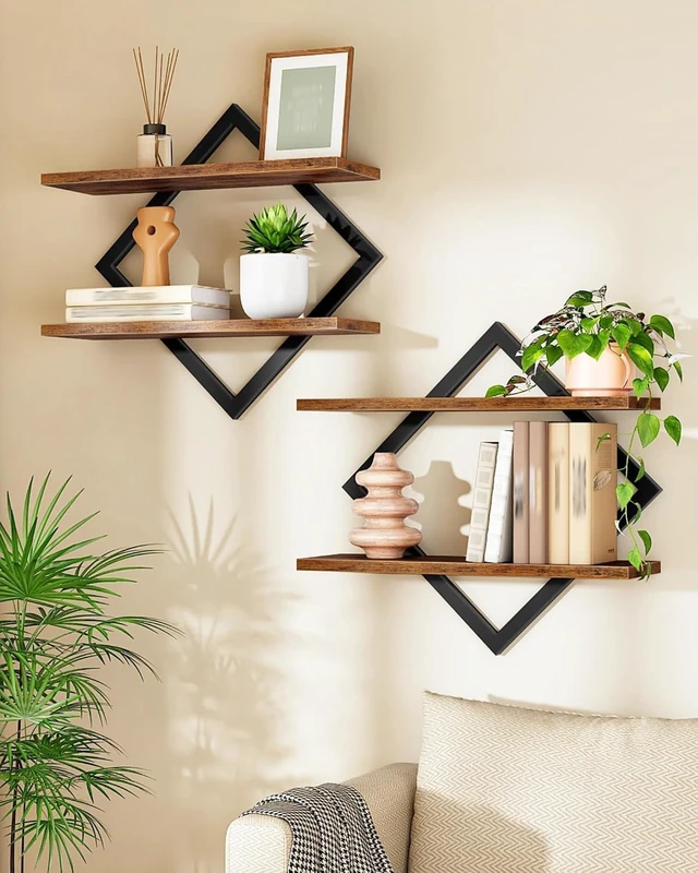 Main image of Floating Shelves, Set of 2 Wall Shelves, 2-Tier Hanging Shelves, Wall Shelf Set of 2, Wall Mounted Shelves, for Living Room, Bedroom, Kitchen, Office, Study, Rustic Brown TBJ01P2BF