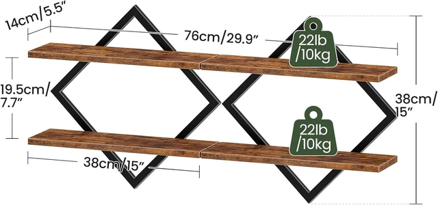 Alt view image 2 of 7 - Floating Shelves, Set of 2 Wall Shelves, 2-Tier Hanging Shelves, Wall Shelf Set of 2, Wall Mounted Shelves, for Living Room, Bedroom, Kitchen, Office, Study, Rustic Brown TBJ01P2BF